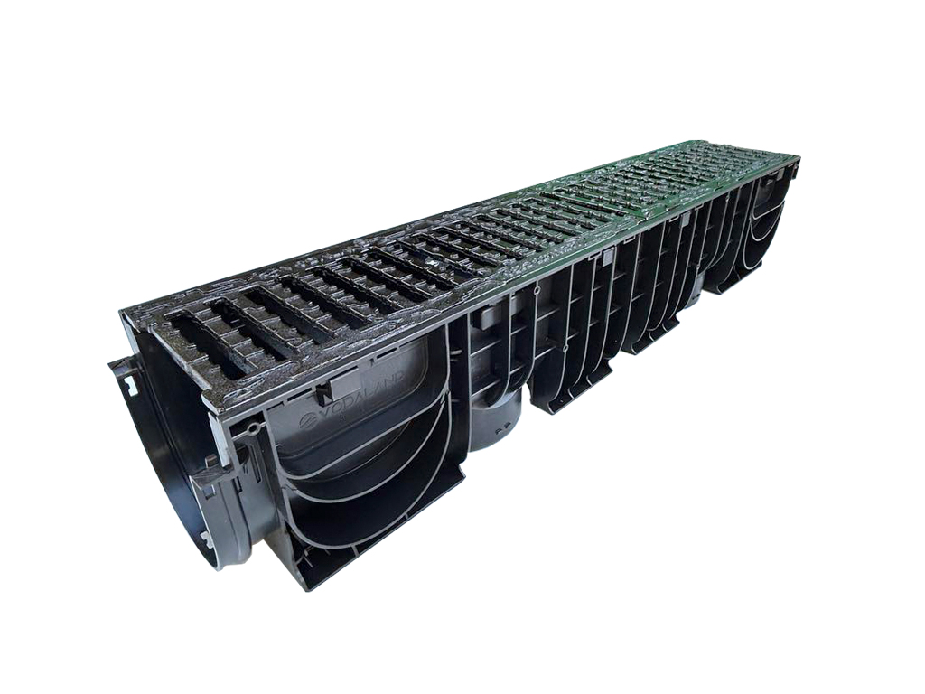 Rigolă din plastic BASE DN150 H200 cu grătare din fontă ductilă în fante clasa de sarcini C250 (1000x206xH200mm)